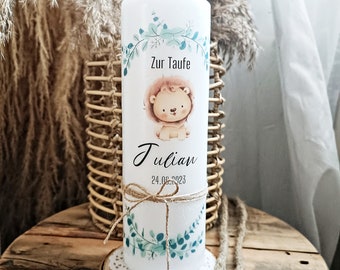 Taufkerze mit Löwe personalisiert, Taufkerze mit Tiermotiven, Patenkerze, Gastgeschenk zur Taufe, Patenkerze mit Name