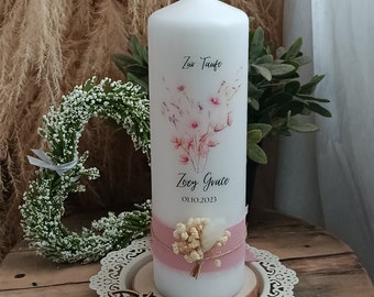 Taufkerze personalisiert rosa altrosa mit Blumen und Trockenblumenstrauß Naturgräser, Kerze zur Taufe, Patenkerze, Gastgeschenk Taufe