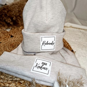 Hipster Beanie beige Rippjersey personalisiert, Mütze Hipster Jungen und Mädchen, Hipstermütze beige mit Label Ciau Kakao, Rabauke Bild 5