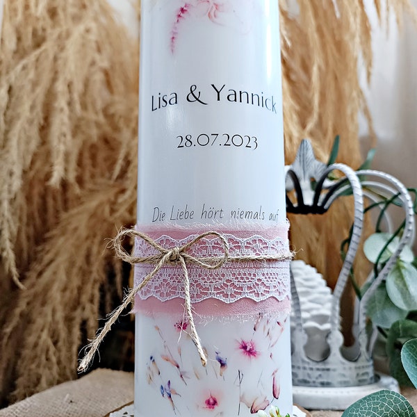 Hochzeitskerze Pastell mit altrosa Band, Kerze mit Naturblumen schlicht personalisiert, Kerze zur Hochzeit Naturgräser, Zur Hochzeit