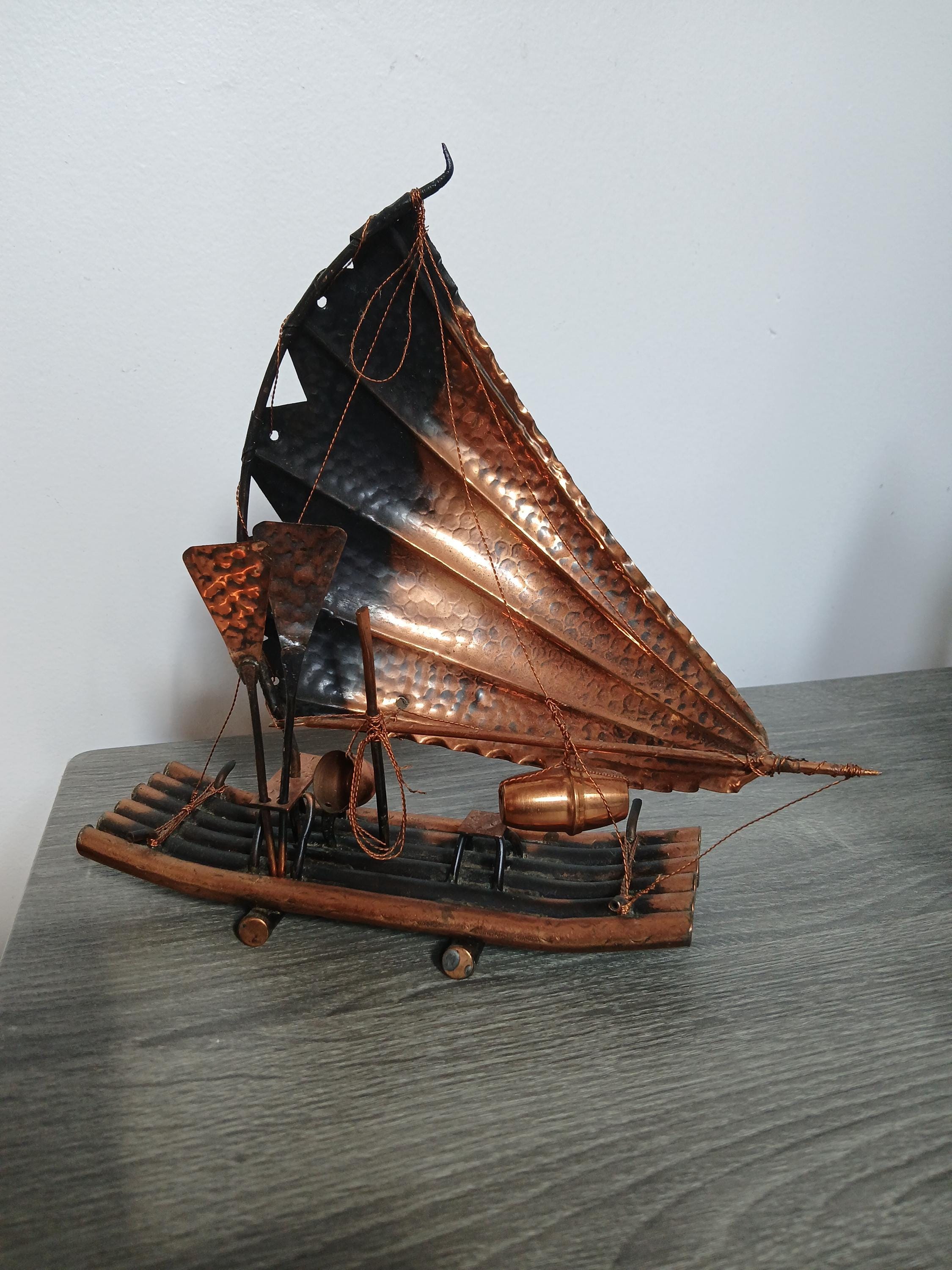 Vintage Handcrafted Hammered Copper Sailboat Sculpture Fishing