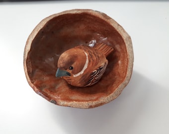 Wood Carved and Painted Sparrow in Art Pottery Nest Artist Signed