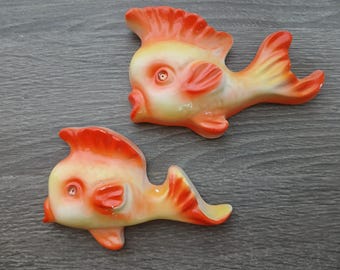 2 Vintage Anthropomorphic Chalkware Koi Fish Wall Plaques Kitsch Bathroom Art