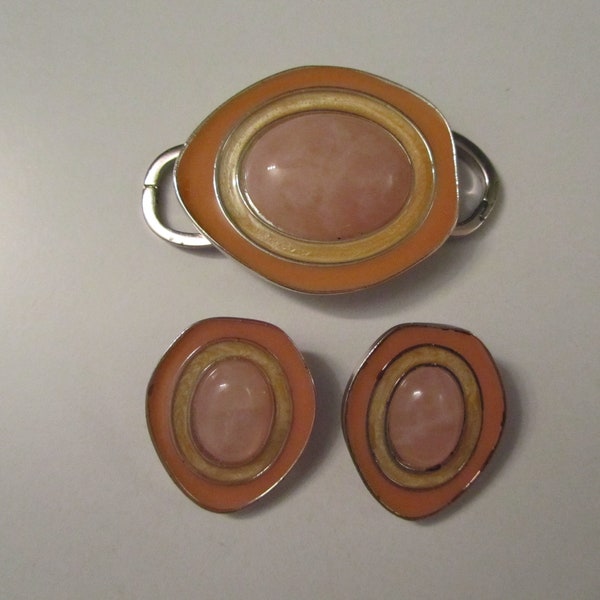 Vintage Signed Celia Sebiri for AVON Rose Quartz Jewellery Set Clip-on Earrings and Pendant/Brooch