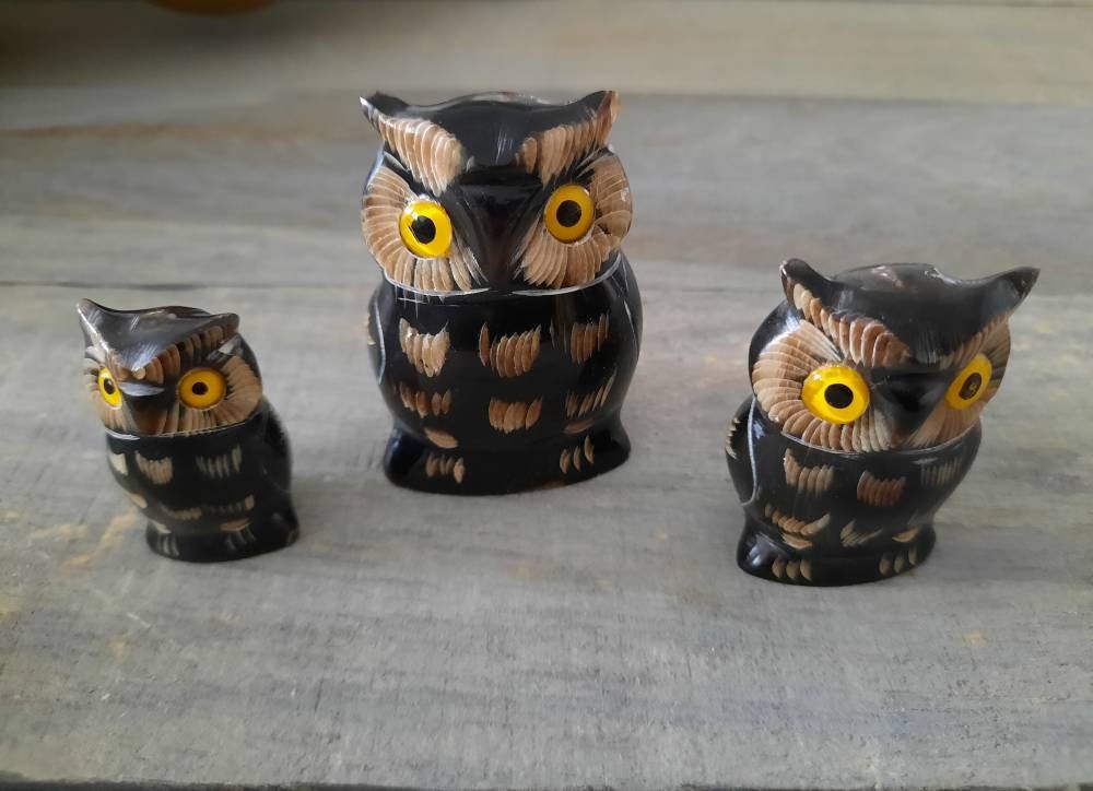 フクロウ彫刻 陶器 ヴィンテージ彫刻フクロウの置物3体セット - Etsy 日本