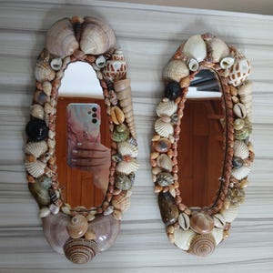 Pair of Vintage Oval Handmade Seashell Mirrors 12” x 5.5" Nautical Beach Decor