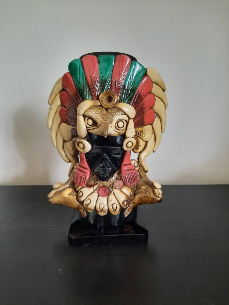 希少 メキシコ 黒曜石 アステカ マヤ カラフルな装飾の陶器ボトル 土人形 メキシコのアステカ、マヤのオニキス/黒曜石の戦士のチーフの置物