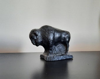 Vintage Carved Coal Buffalo Sculpture - Made in Canada