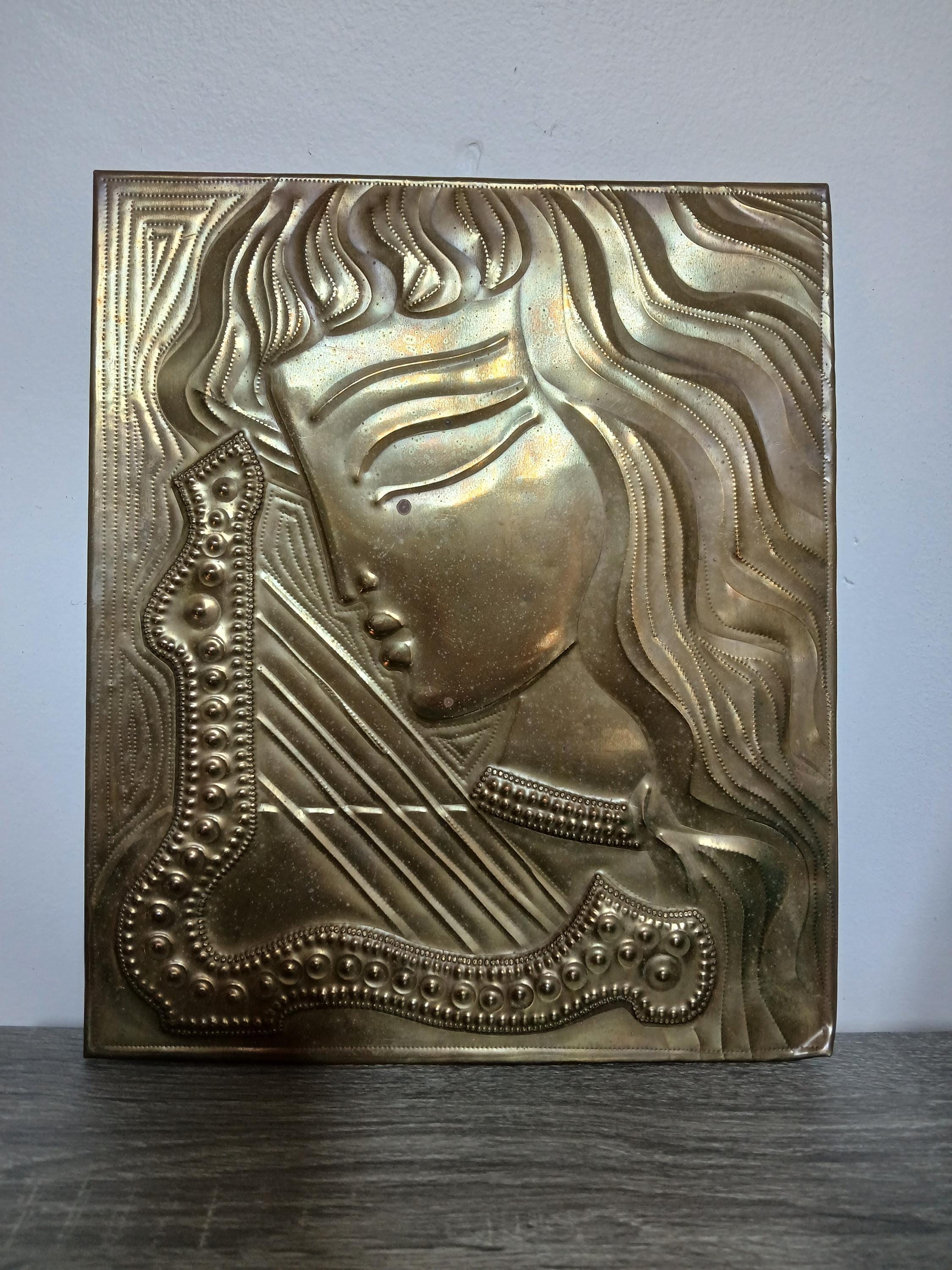 Vintage 1975 Embossed Brass Stylized Woman Wall Plaque Art Soviet