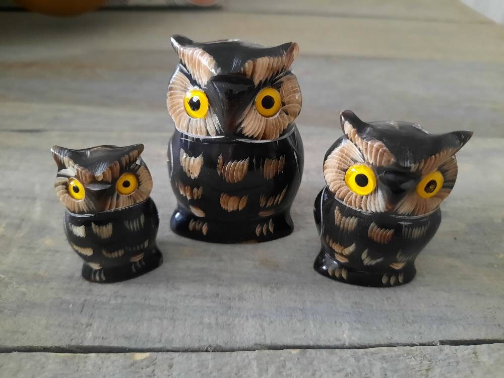 ヴィンテージ彫刻フクロウの置物3体セット - Etsy 日本