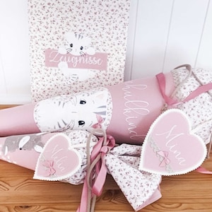 Cône de sucre bio pour école « Chat Fleur » vieux rose fleuri