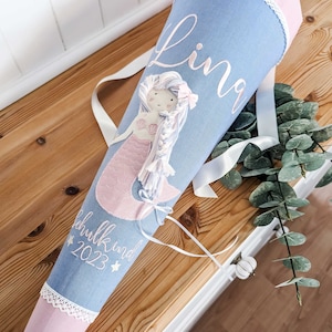 Borsa da scuola | Bustina di zucchero &quot;Mermaid&quot; azzurro/rosa per bimbe inizio scuola, personalizzata con nome