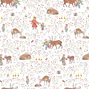 Könnte beinhalten: Ein weißer Hintergrund mit einem sich wiederholenden Muster aus roten Beeren, grünen Blättern und kleinen Tieren. Es sind Hirsche, Vögel und Menschen im Muster. Die Menschen tragen Winterkleidung und halten Geschenke. Das Muster ist perfekt für Geschenkpapier oder Stoff.