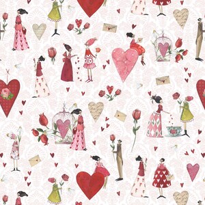 Può includere: Uno schema senza cuciture con sfondo bianco con cuori rossi, rose e illustrazioni di persone che tengono rose e cuori. Lo schema è perfetto per San Valentino o qualsiasi occasione romantica.