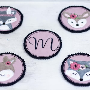 Cartable Kletties animaux de la forêt et nom violet/rose vieux