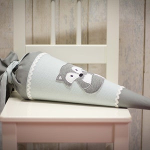 Sac pour frères et sœurs bio « Petit Renard » personnalisé avec nom en gris/bleu