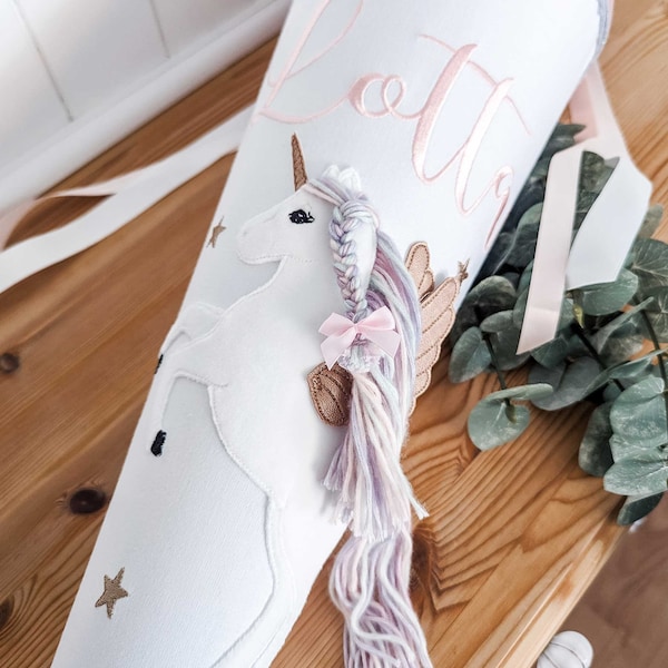 Personalisierte Schultüte | Zuckertüte "Pegasus Einhorn" weiß/altrosa zur Einschulung