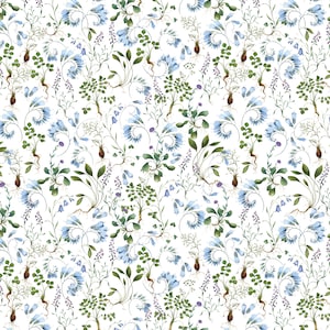 Può includere: Motivo continuo con illustrazioni ad acquerello di varie piante e fiori. Il design include campanule blu, fogliame verde e accenti viola, il tutto su sfondo bianco. Il tema botanico crea un'estetica delicata e naturale.