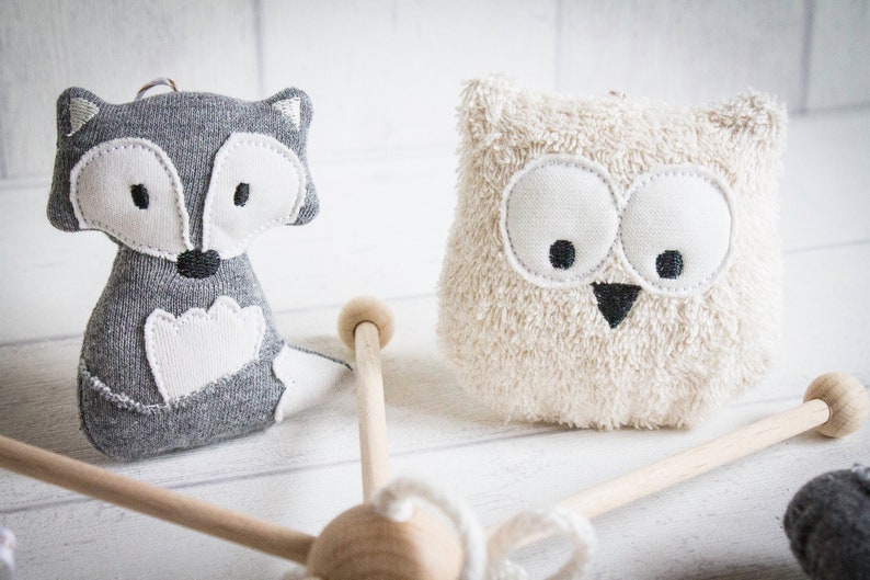 Bio mobile Forest animals Fox & Owl Grey/beige, sewn children's room mobile, gift for birth, Babyshower, baptism Gift image 3