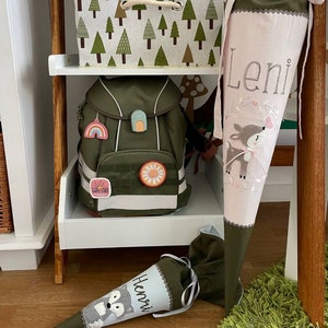 Cornet scolaire / cornet de sucre biologique « Lässiges Kitz » pour la scolarisation avec nom en olive