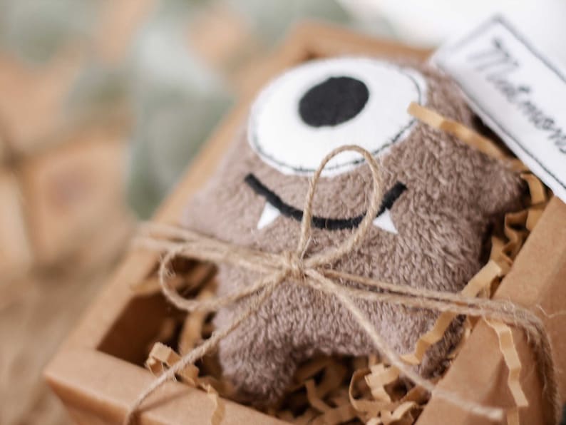 May include: A brown plush monster toy with a single white eye and a black mouth, tied with twine and placed in a brown cardboard box with shredded paper.