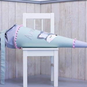Sac à sucre pour cartable bio « Boho Fox » avec nom en menthe/gris