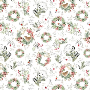 Op de afbeelding: Een naadloos patroon met aquarel illustraties van kransen, vogels en bladeren. De kransen zijn versierd met rode bessen en groene bladeren. De vogels zijn bruin met witte buiken en zitten op de kransen. Het gebladerte is een mix van groene en grijze bladeren.