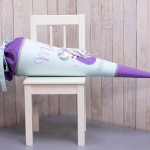 Cono scolastico biologico/cono di zucchero “Sirena” con nome in menta/viola