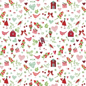 Op de afbeelding: Een witte achtergrond met een herhalend patroon van rode huizen, gnomen, vogels, harten, strikken en bladeren. Het patroon is een feestelijk en grillig ontwerp.