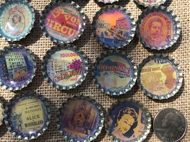 Lot of Vintage Style Finished Bottle Caps with Paper Inserts Etsy