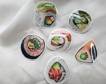 Sushi Sticker Set of 6 - Watercolor Vinyl Stickers