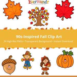 90-talets höst clipart-paket | 24 retro klassrums-PNG:er | Höstclipart för lärare | Höstklassrumsdekor