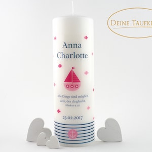 Baptismal candle girl ark, 25 x 8 cm, baptismal candle ark girl, baptismal candle Noah&#39;s Ark girl, pink, blue, Noah&#39;s Ark, boat, ship, individual
