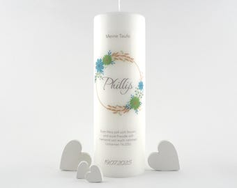 Candela battesimale con corona di fiori per bambine e bambini 25 x 8 cm - Candela battesimale corona di fiori moderna - Candela per battesimo personalizzata con frase battesimale