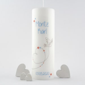 Baptismal candle dove with olive branch 25 x 8 cm peace dove blue red for boys and girls - personalized candle for baptism