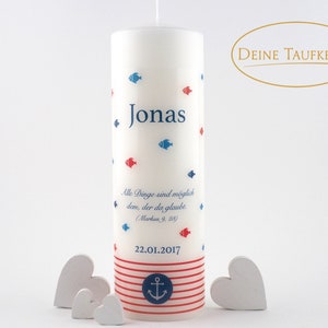 Baptismal candle with fish, 25 x 8 cm, Baptismal candle boy fish, Baptismal candle girl fish, Baptismal candle anchor, Baptismal saying, Anchor, Baptismal candles, Red, Blue