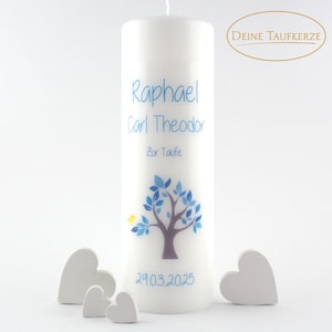 Baptismal candle tree for boys and girls 25 x 8 cm in blue and grey - Modern candle for baptism with tree of life and baptismal saying - personalized