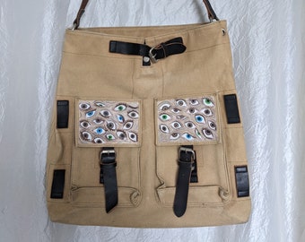 Hand-Painted Military Canvas Shoulder Bag, Retro Khaki Tote