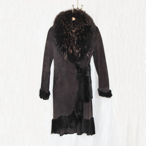 Vintage shearling coat Suede shearling coat Brown