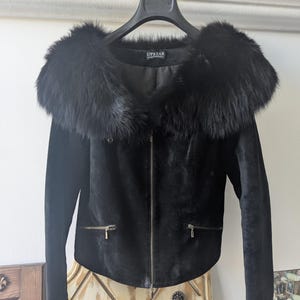 Shearling coat Suede shearling coat Black suede coat Arctic Fox collar Sheepskin coat Sheepskin jacket Short coat Leather coat  Size S