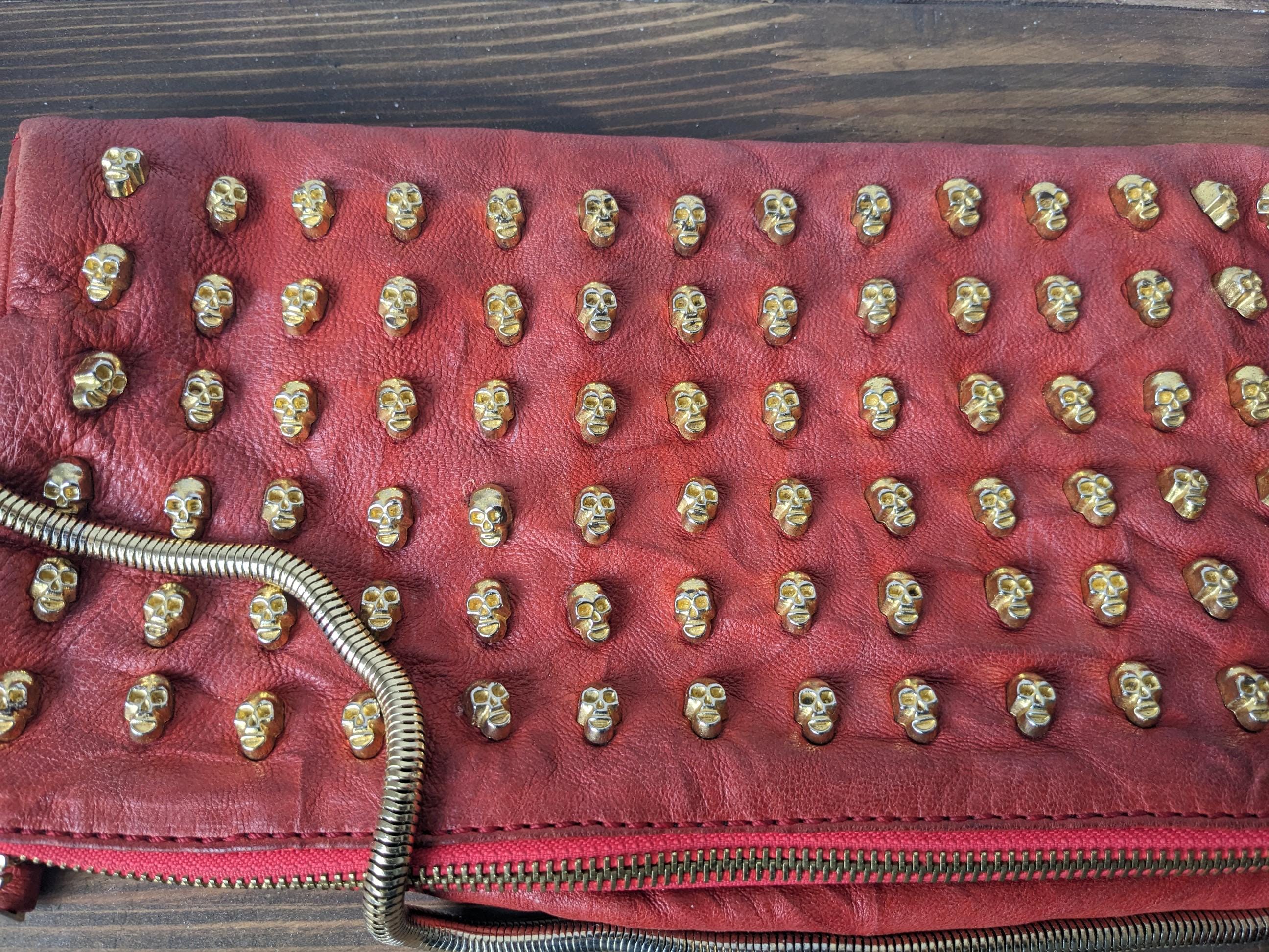 Thomas Wylde Red Leather Skull Clutch, Gold Chain Strap - Etsy