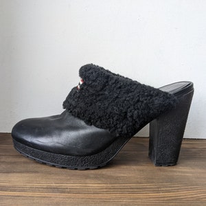 Hunter fur clogs Leather clogs Black leather rain shoes High heel shoes Platform sandals Black sandals Pumps shoes Genuine leather Size 10