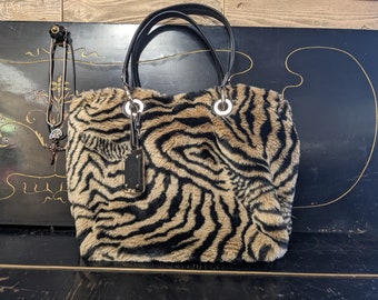 B Makowsky fur leather bag Fur bag Zebra print crossbody Animal print bag Fur handbag Clutch bag Leather bag Brown bag Artificial fur bag