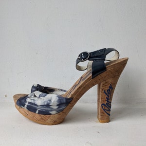 Replay Blue Leather Cork Platform Sandals, Peep Toe Heels, Size 40