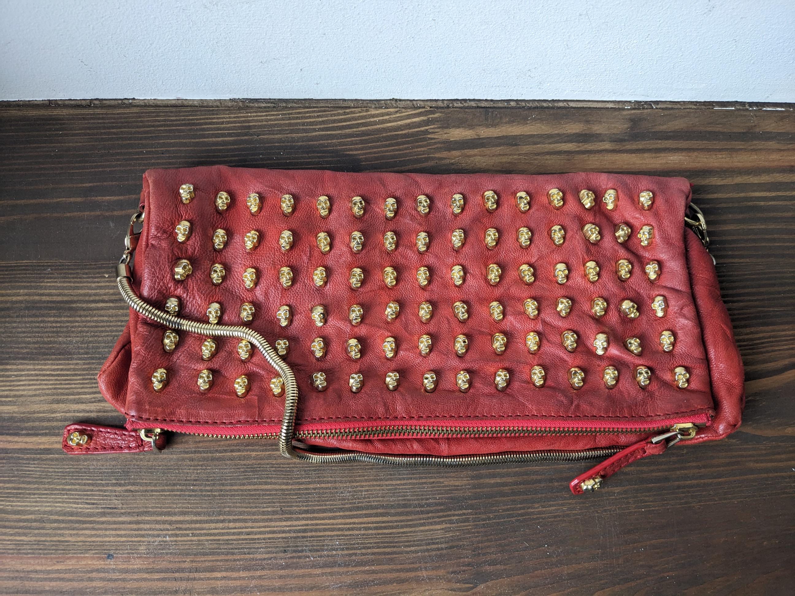 Thomas Wylde Red Leather Skull Clutch, Gold Chain Strap - Etsy