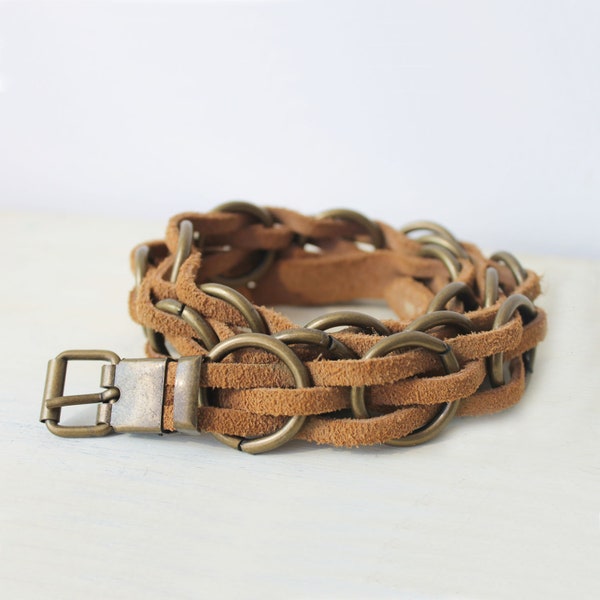 Vintage H&M leather brown belt Metal ring belt Suede belt Orange belt Ethnic belt Western belt Southwestern style Womens belt Boho style