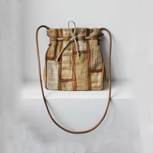 Vintage Braccialini leather bag Sisal bag Boho bag Patchwork bag Drawstring bag Shoulder bag Beige leather Western bag Women handbag Purse
