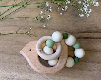 Holz Greifling Ring Baby Kette Beißring Vogel,  mit Holzperlen, Silikonperlen, Holzvogel, Holzgreifring, hochwertigem Satinband - nanolie