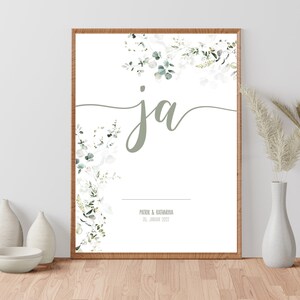 Wandbild "JA" Hochzeitsgeschenk, Kunstdruck zur Heirat Verlobung, personalisiert mit Namen & Wunschdatum, Aquarell Blumen Poster in Mint