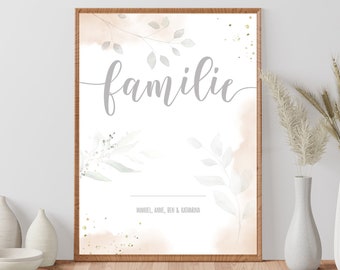 Familienposter Aquarell Eukalyptus mit Namen der Familie personalisierbar, Familienbild Poster Geschenk zur Geburt, Hochzeit, Einweihung